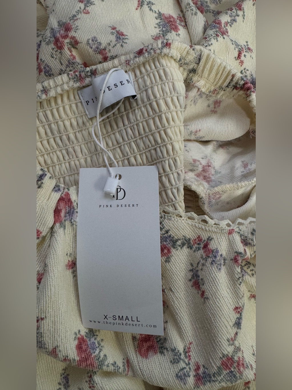 Nwt Pink Desert Floral Corduroy Midi Dress With Puff Sleeves Cream — image 4 of 8